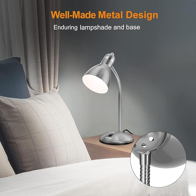LEPOWER Metal Desk Lamp, Adjustable GooseNeck Reading Light for Bedroom | Compact & Sturdy, Space-Saving for Bedside & Dorm, E26 Table Lamp, Eye-Caring, Ideal for Study, Office, Back to School - Image 3