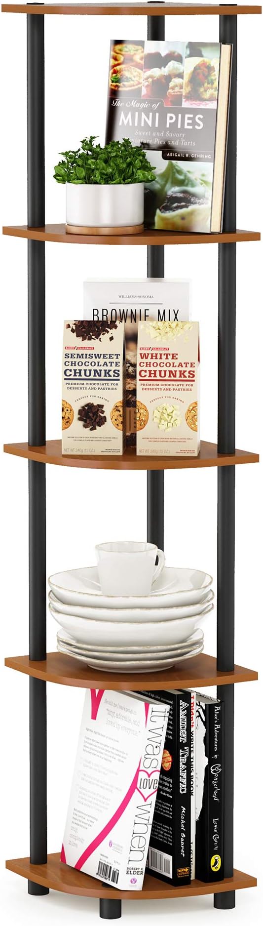 Furinno TURN-N-TUBE Corner Shelf, 5-Tier Corner Bookshelf, Open Storage Shelves, for Organization and Storage, Living Room, Home Office, Garage, Bedroom, Light Cherry - Image 6