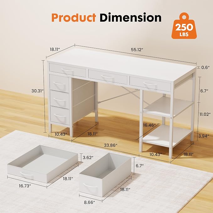 Sweetcrispy 55" Computer Desk with 6 Fabric Drawers & Storage Shelves | Reversible Gaming Desk, Office Desk, Computer Workstation, Corner Desk with Storag, Home Office, Living Room, White - Image 3