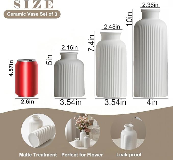 Large Modern Ceramic Vase Set, White Ribbed Matte Design, 10 Inch Tall, 4 Inch Width, 3-Piece Decorative Vases for Home, Living Room, Office (XL Matte Glaze White) - Image 5