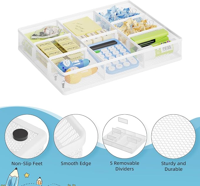 Marbrasse Desk Drawer Organizer, Metal Mesh Drawer Organizer Tray with 5 Adjustable Compartments,Desk Organizers and Accessories for Home,Office,Kitchen,Makeup,Vanity (White) - Image 5
