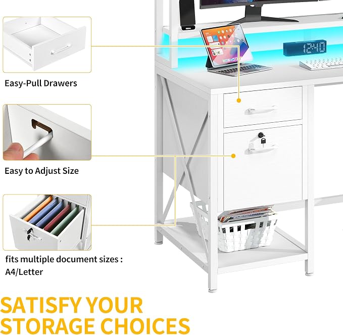 DWVO Computer Desk with Drawers & Hutch, 59.1" Office Desk with Power Outlets & LED Lights, Home Office Desk with Storage Shelves, White | Built-In Power Outlets, Led Lights, Hutch Shelves, Storage Drawers, for Home Office Work Study, Easy Assembly - Image 6
