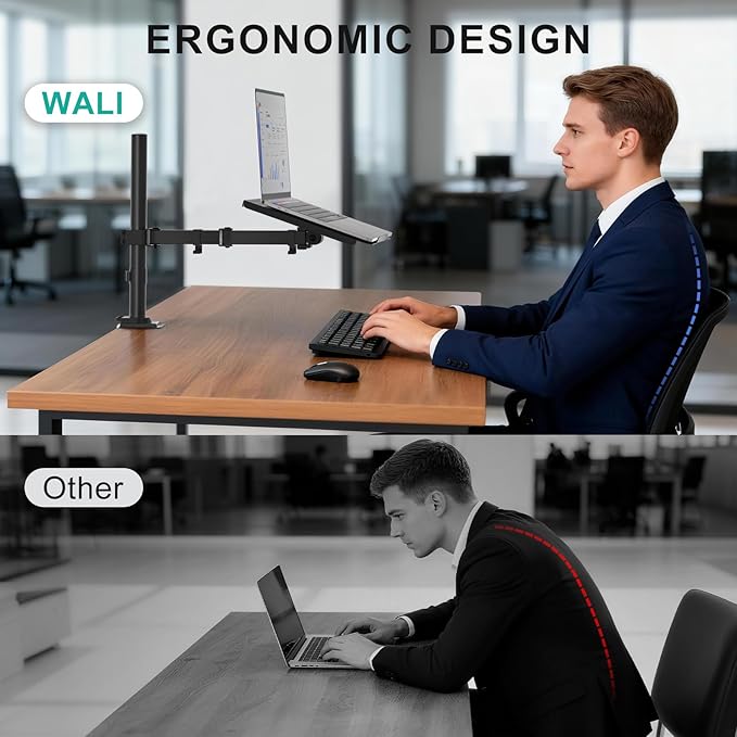 WALI Laptop Desk Mount for 17 inch Notebook, Adjustable Single Monitor Arm with Laptop Holder for 32 inch Screen, Laptops Stand with Ventilated Tray, Up to 22 lbs, (M00LP), Black - Image 6