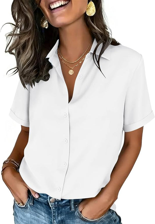 Zeagoo Button Down Shirts for Women Short Sleeve Collared Tops Dressy Casual V Neck Blouses by Zeagoo