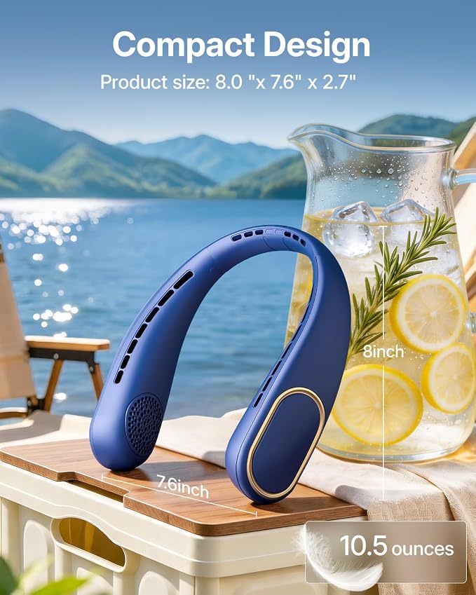 SHEWIND Portable Neck Fan - Hands Free Personal Fan, Rechargeable Bladeless Fan with 5000mAh-Battery, Digital Display, 4 Speeds, Birthday Gifts for Men, Women, Mom, and Dad - Blue - Image 5