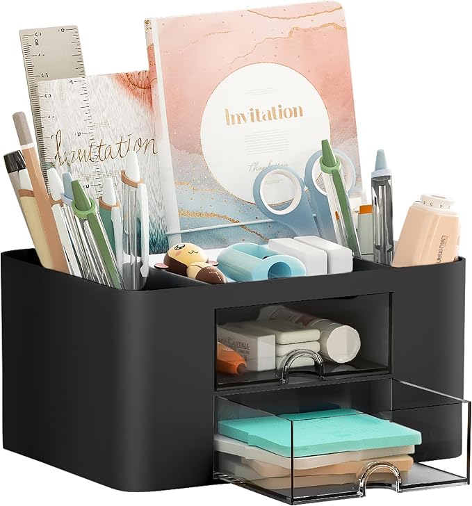 Marbrasse Pen Organizer with 2 Drawer, Multi-Functional Pencil Holder for Desk, Desk Organizers and Accessories with 5 Compartments + Drawer for Office Art Supplies (Black) by Marbrasse