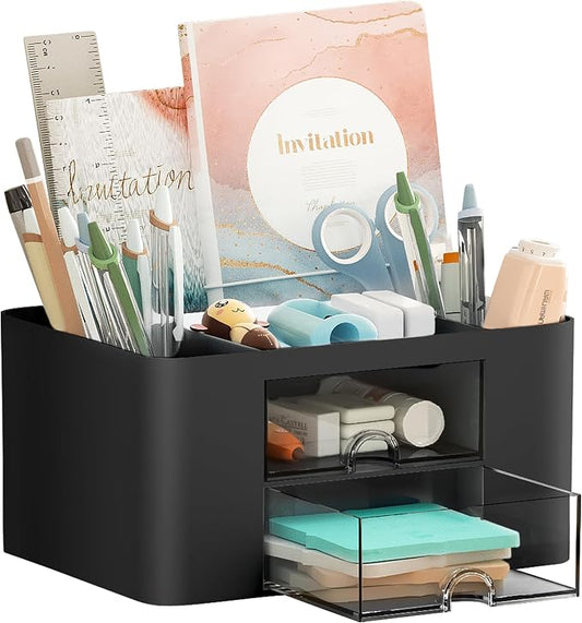 Marbrasse Pen Organizer with 2 Drawer, Multi-Functional Pencil Holder for Desk, Desk Organizers and Accessories with 5 Compartments + Drawer for Office Art Supplies (Black) by Marbrasse