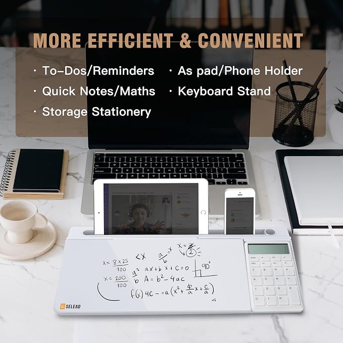 SELEAD Desktop Glass Whiteboard with Calculator & Built-in Mirror, Dry Erase White Board Computer Pad Keyboard Stand with Organizer Drawer, Desk Accessories for Home, School, Office - Image 3