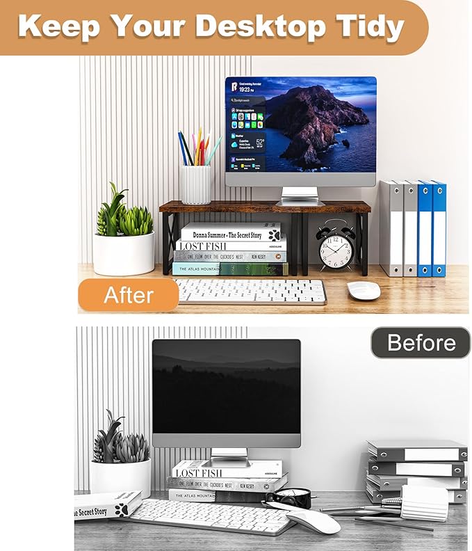 HavenlyYouth Desk Shelf, 2 Tier Wood Desktop Bookshelf, Adjustable Freestanding Stackable Desk Organizer, Desktop Shelf Organizer Storage Rack, Desk Display Rack for Office, Home, Rustic - Image 4