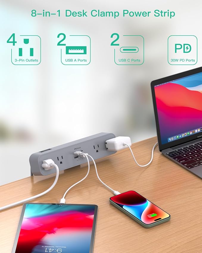 Mifaso PD30W Desk Clamp Power Strip, Surge Protector, Fast Charging Station | 4 Outlets, 4 USB (2 USBC), 5FT Extension Cord, Desk Organizer Gaming Accessories Home Office Essentials, Fits 1.96" Edge,Gray - Image 2