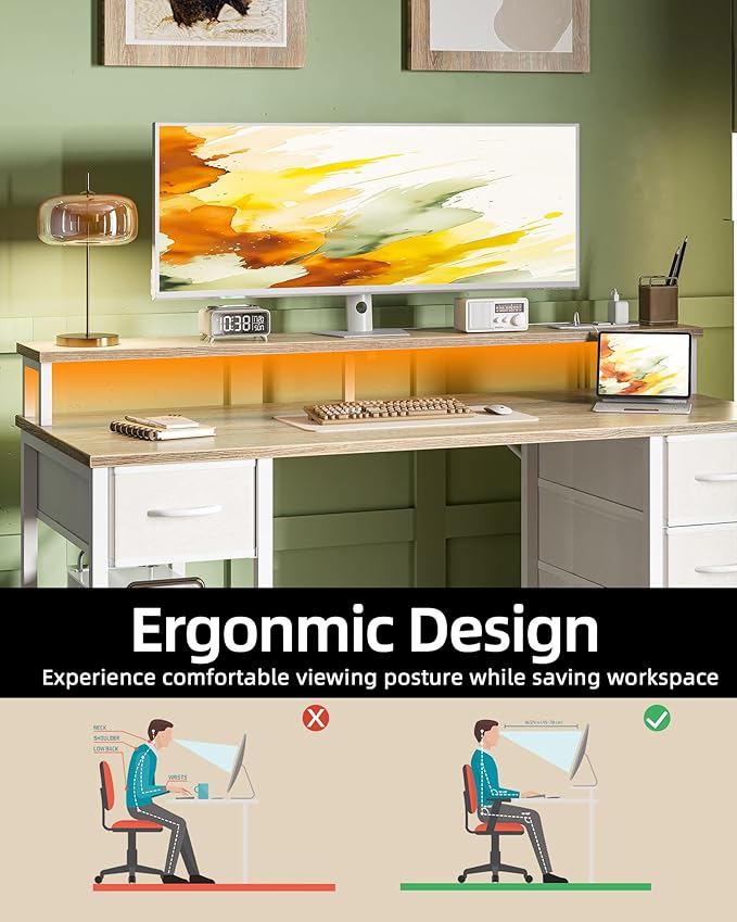 TIQLAB Computer Desk with 4 Drawers, 47 Inch Gaming Desk with LED Lights & Power Outlets, Home Office Desk with Monitor Stand, Study Writing Work Desk for Bedroom, Maple - Image 4