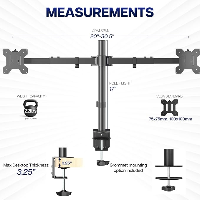 VIVO Dual LCD LED 21 to 32 inch Monitor Desk Mount, Heavy Duty, Adjustable Telescoping Arms, Flush Wall Setup, Fits 2 Screens, Black, STAND-V002E - Image 4