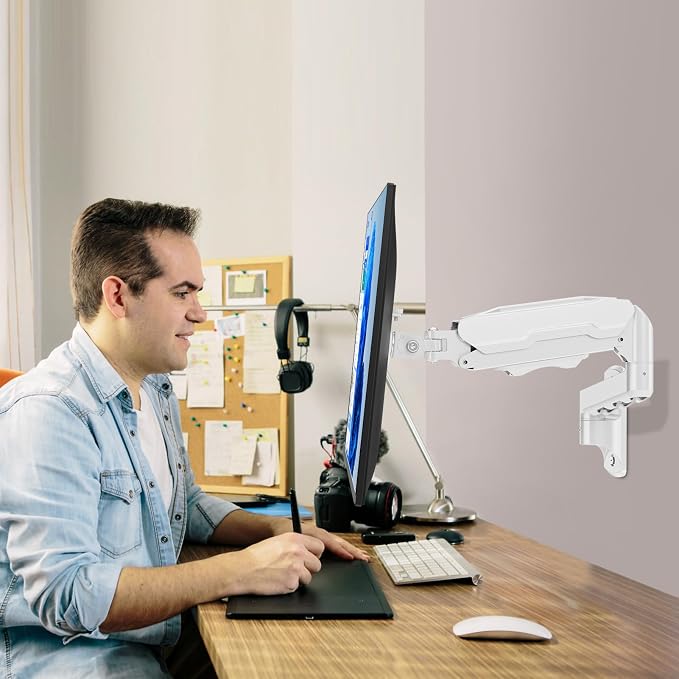 MOUNT PRO Single Monitor Wall Mount for 13 to 32 Inch Computer Screens, Height Adjustable Wall Mount Monitor Arm Holds Up to 19.8lbs, Full Motion Wall Bracket, VESA Mount 75x75, 100x100, White - Image 2