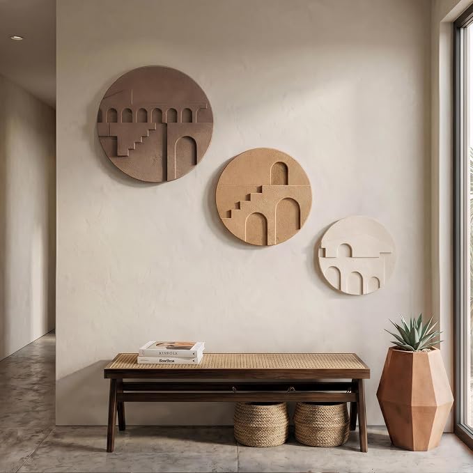 3D Textured Round Neutral Abstract Wall Art Set, 3 Piece Mid-Century Modern Geometric Sculpture Artwork for Walls, Minimalist Boho Earth Tone Paintings for Living Room Dinging Room Bedroom Wall Decor - Image 7