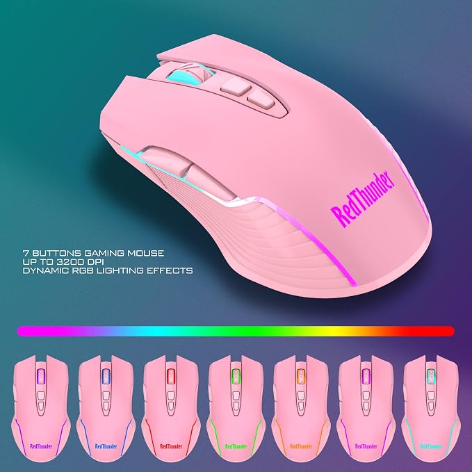 RedThunder K10 Wireless Gaming Keyboard and Mouse Combo, LED Backlit Rechargeable 3800mAh Battery, Mechanical Feel Anti-ghosting Keyboard + 7D 3200DPI Mice for PC Gamer (Pink) - Image 6
