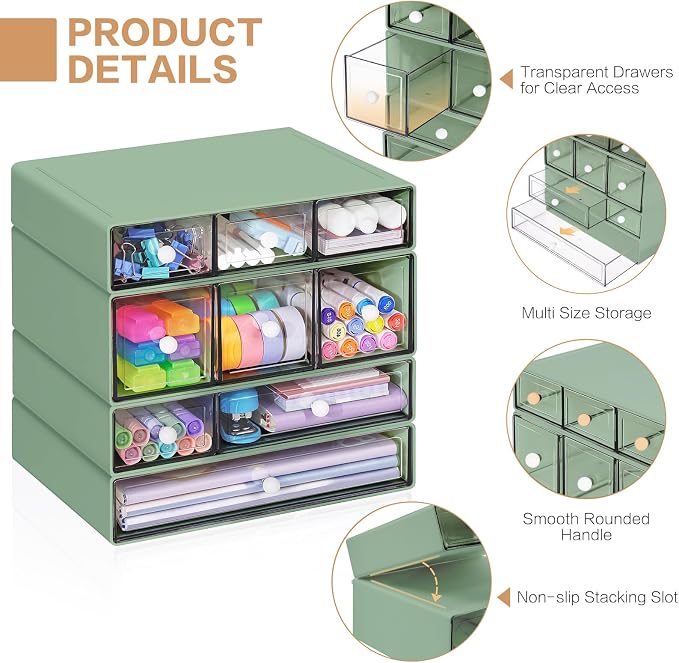 Desk Storage Organizer with 9 Drawers, 4 Tiers Stackable Desktop Craft Storage Drawers, Clear Storage Box Caddy for Stationary Makeup Jewelry Office Craft Supplies (Green) - Image 4