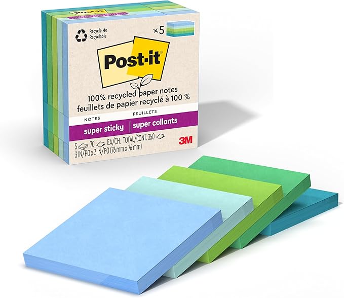 Post-it 100% Recycled Super Sticky Notes, 3 x 3 in, Pastels, 12 Pads | School Supplies and Office Products, 2X the Sticking Power by Unknown