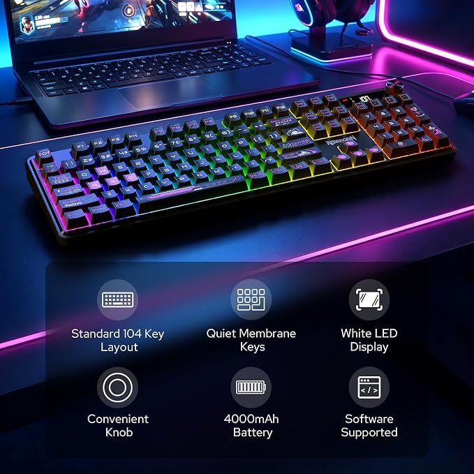 Redragon K526 PRO Wireless RGB Membrane Gaming Keyboard, LED Screen & Knob | See Battery, Mode & Time at a Glance, 0-Delay Tri-Mode, One-Touch Backlit & Media Adjust, 26-Key Anti-Ghost for Combo-Strike - Image 2