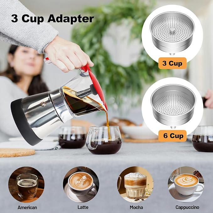 Electric Plastic Clear Moka Pot 3-6 Cup 150-300ml Mocha Pot | Stainless Steel Espresso Maker with Detachable Base Ideal Coffee Maker for Home Italian and Cuban Café Coffeemaker Red - Image 5