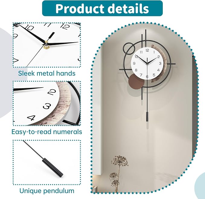 Wall Clock Decorative Modern Wall Clocks with Pendulum Silent Non-Ticking Quartz Clock Battery Operated Large Clock for Living Room,Kitchen,Home,Bathroom,Bedroom Wall Art Decor - Image 5