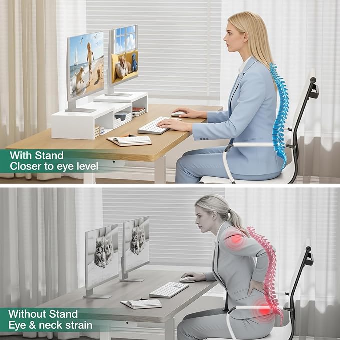 OPNICE Desk Organizer, Dual Computer Monitor Stand Riser with Drawer, Office Desk Accessories & Workspace Organizers, White - Image 6