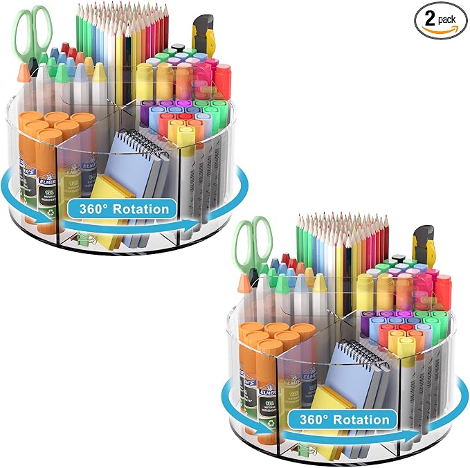 360 Degree Acrylic Desk Organizer Clear Pen Holder for Desk Kids 2 Packs | Pencil Holder Rotating Lazy Susan Organizer for School Supplies, Marker Holder Art Supply Storage Organizer with 6 Dividers by Wawocs