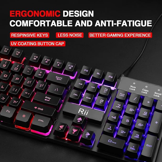 Rii RK100+ Multiple Color Rainbow LED Backlit Large Size USB Wired Mechanical Feeling Multimedia PC Gaming Keyboard,Office Keyboard for Working or Primer Gaming,Office Device - Image 2