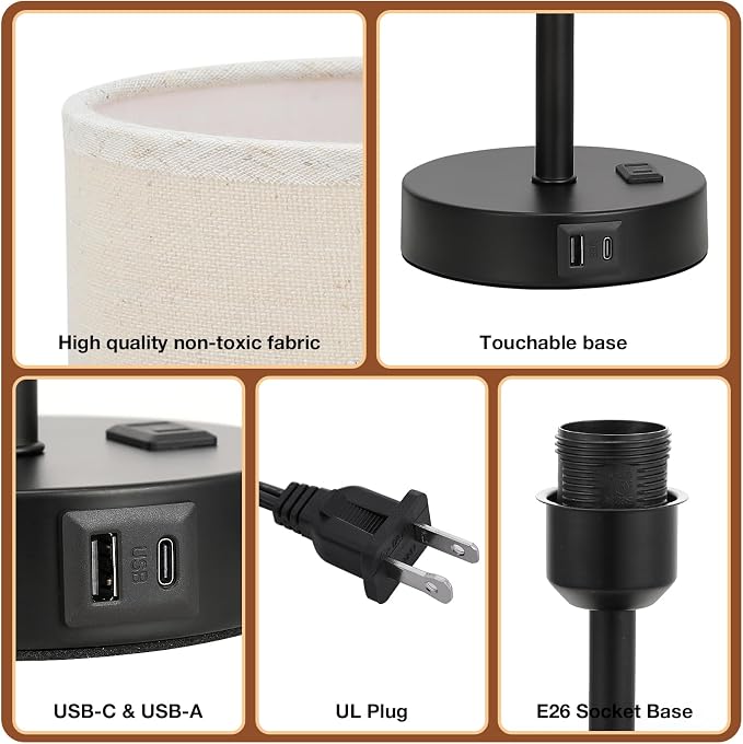 Dicoool 17.4" Bedside Lamp for Bedroom - Dimmable Touch, USB A+C, AC Outlet | LED Bulb Included, 3-Way Dimmable, 17.4" Table Lamp for Living Room, Dorm, Beige Fabric Lampshade, Black Metal Base - Image 9