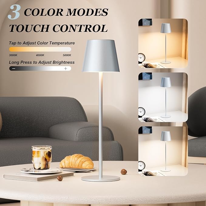 Kakanuo Silver Grey Cordless Lamp Rechargeable - 2 Pack 5000mAH Battery Operated Table Lamp for Counter, 3 Color Stepless Dimming Wireless Lamp for Dining Kitchen, Outdoor Patio, Touch Control - Image 2