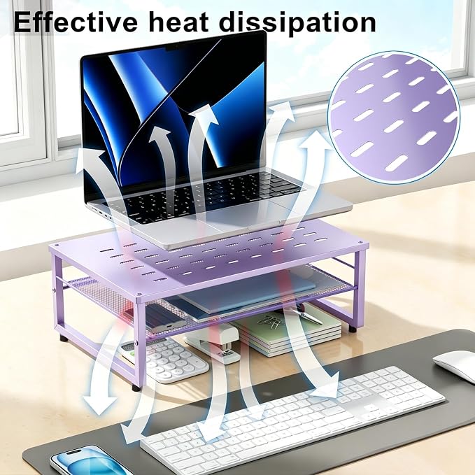 gianotter 2-Tier Metal Monitor Stand Riser, Office Desk Storage Organizer for Computer Monitor, Laptop, Printer, Office Supplies (Purple) - Image 3