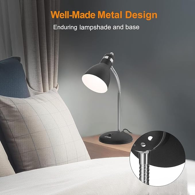 LEPOWER Metal Desk Lamp, Adjustable GooseNeck Reading Light for Bedroom | Compact & Sturdy, Space-Saving for Bedside & Dorm, E26 Table Lamp, Eye-Caring, Ideal for Study, Office, Back to School - Image 3