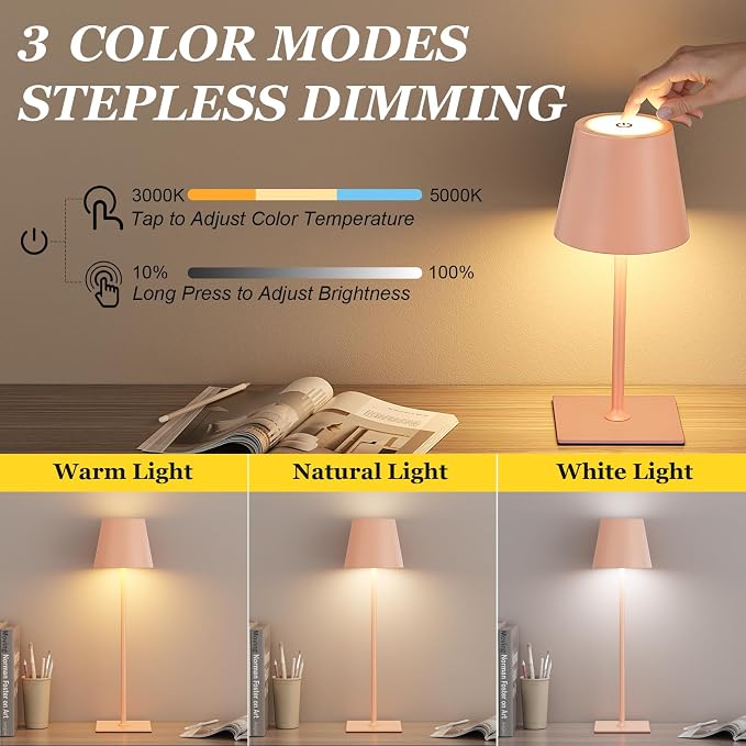 Kakanuo Pink Cordless Rechargeable Table Lamp 5000mAh Battery Operated Lamps, 3 Colors Stepless Dimming Touch Lamp for Living Room, Kitchen Counter, Dining, Outdoor Patio, 2 Pack - Image 2