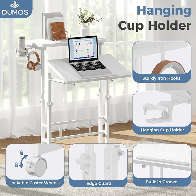 DUMOS Rolling Standing Desk, Sit Stand Desk, Computer Cart | Manual Height Adjustable, Split Top Mobile, Laptop Workstation, Portable Home Office, Walking Pad Study Surface, White - Image 3