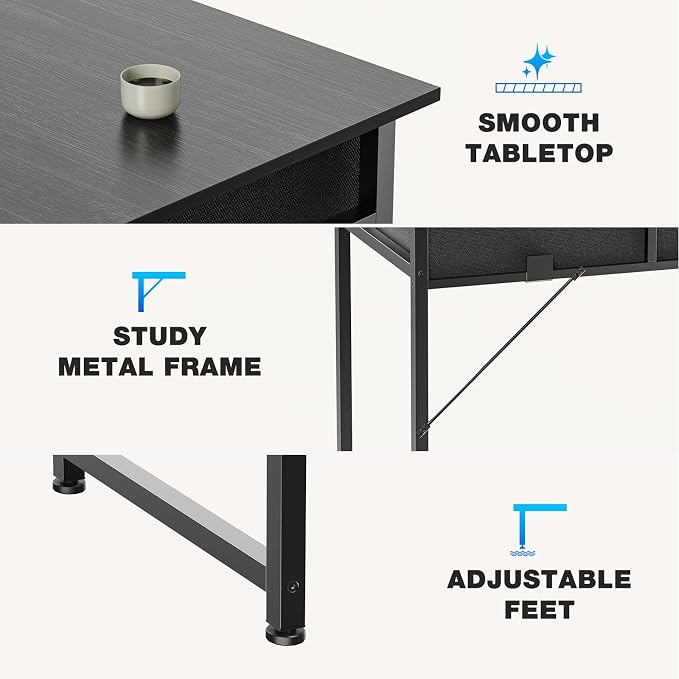 OLIXIS 32 Inch Small Desk, Computer Desk, Home Office | Fabric Drawers, Side Bag, Headphone Hook, Writing Study Work Table, Bedroom, Sleek Black - Image 6