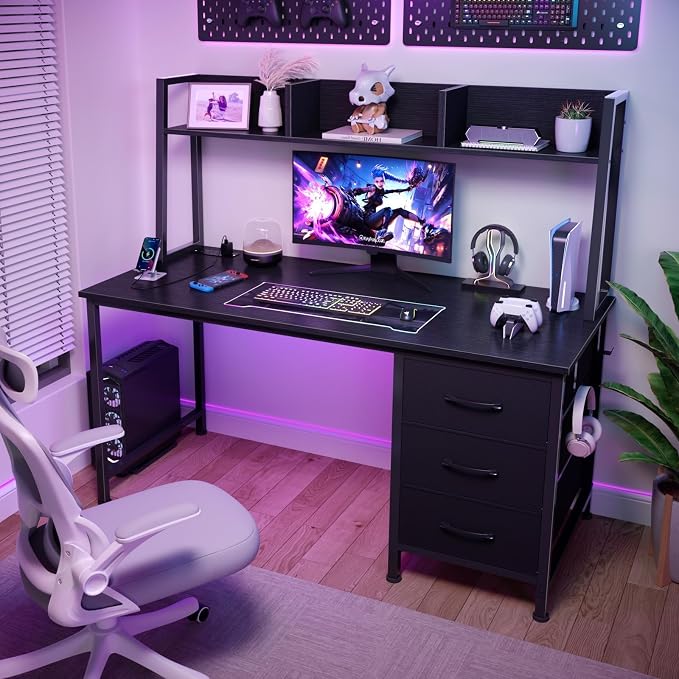 DLisiting Black Computer Desk with Hutch & Drawers - Office Desk with 3 Storage Drawers and Power Outlets, 47 Inch Modern Study Writing Desk for Bedroom Home Office - Image 8