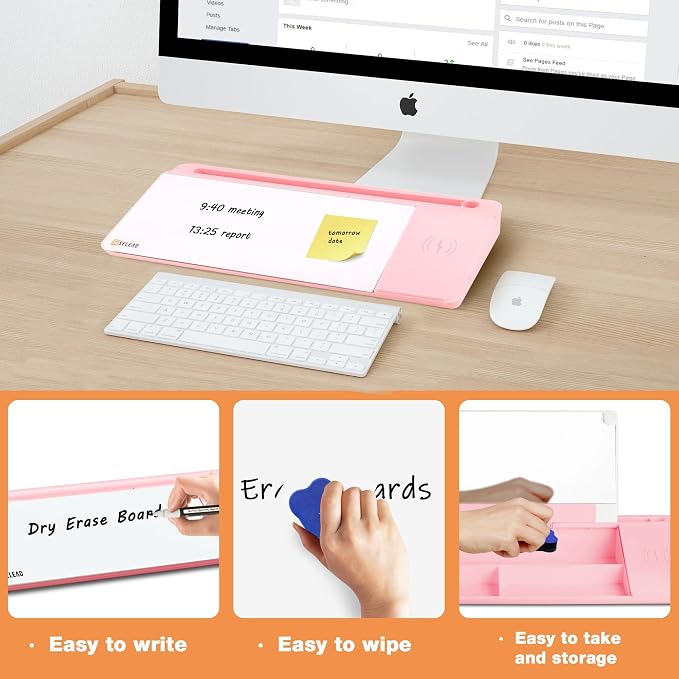 SELEAD Desktop Glass Whiteboard with Wireless Charger Station and Mirror, Dry Erase Board Computer Pad Keyboard Stand with Organizer for Home, School, Office Desk Accessories, Pink - Image 7