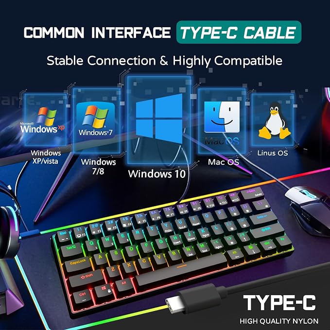 RK ROYAL KLUDGE RK61 Wired 60% Mechanical Gaming Keyboard Programmable QMK/VIA RGB Backlit 61 Keys Ultra-Compact Hot Swappable Brown Switch Black - Image 6