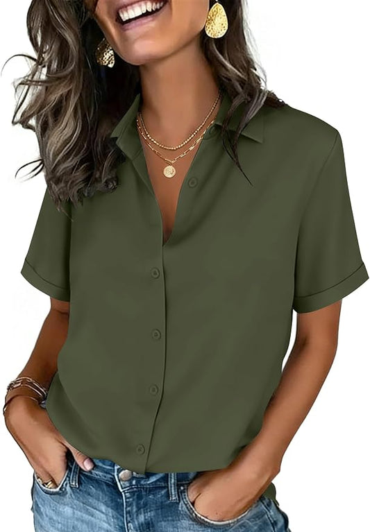 Zeagoo Button Down Shirts for Women Short Sleeve Collared Tops Dressy Casual V Neck Blouses by Zeagoo