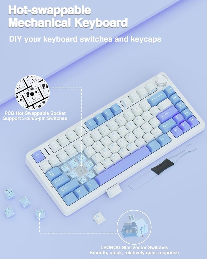 AULA F75 75% Wireless Mechanical Keyboard, Hot Swappable Creamy Keyboard, Pre-lubed Star Vector Switches RGB Backlit Gaming Keyboards, 2.4GHz/Type-C/BT5.0(White&Blue&Purple) - Image 5