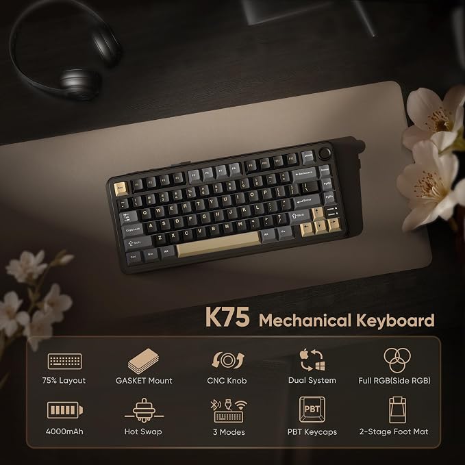 RedThunder K75 Wireless Mechanical Keyboard, CNC Knob, Tri-Mode BT5.0/2.4GHz/USB-C Hot Swappable Custom, Pre-lubed Linear Coconut Switches, Gasket Structure, RGB Gaming Keyboard, Black-Gold - Image 2