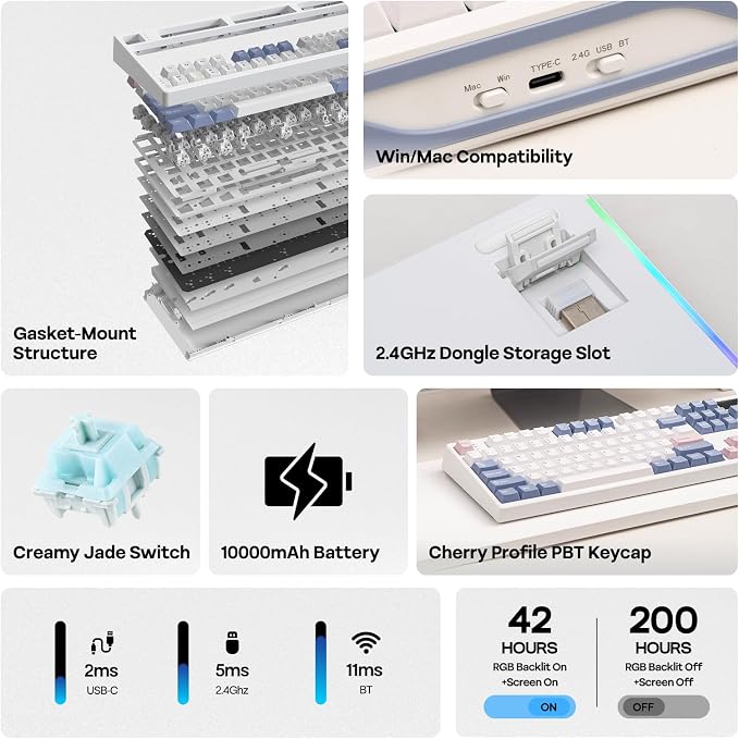 EPOMAKER TH108 PRO Full Size Mechanical Keyboard with Screen & Knob, Wireless Gaming Keyboard with 10000mAh, Creamy Gasket, Hot Swap, Custom Driver, RGB Backlight (White, Creamy Jade) - Image 2