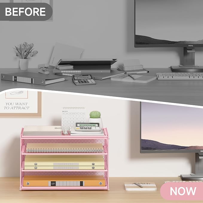 Subekyu Paper Letter Tray Organizer for Desk, Pink Metal Mesh Desk File Sorter Organizer with Handle and 2 Sliding Trays for Home Office School Supplies Organization - Image 3