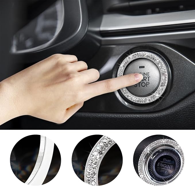 Kewucn 2 PCS Bling Crystal Double Rhinestone Car Engine Start Decoration Ring, Sparkling Push Start Button Sticker, Key Ignition & Knob Ring Decoration, Bling Car Interior Accessory(White) - Image 4