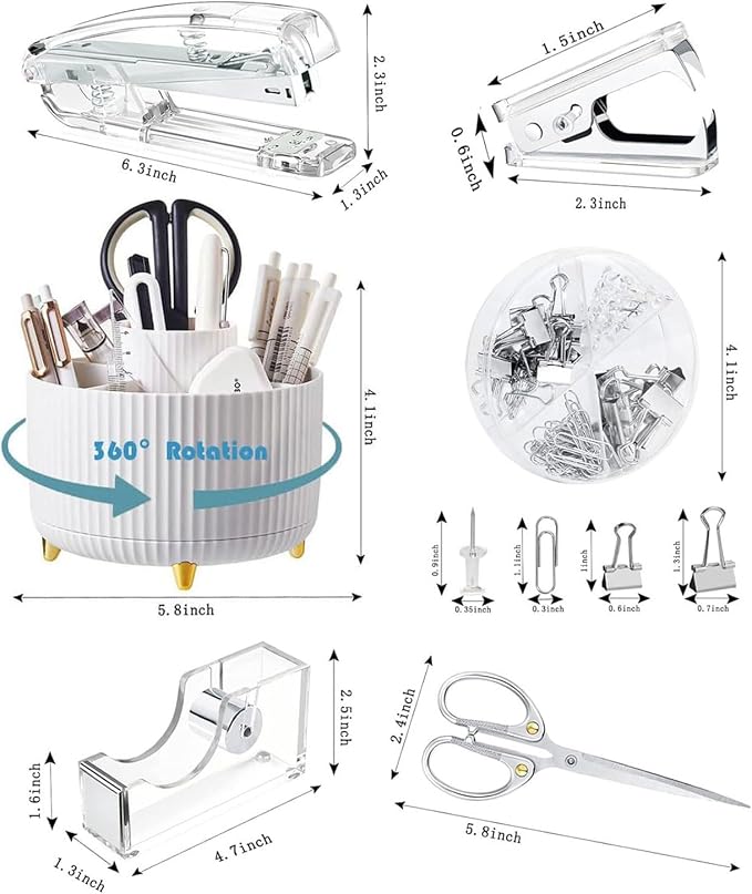 Gawsey Silver Desk Organizers and Accessories with Desk Organizer 360° Rotating Pen Holder and Office Supplies, Cute Stationery Supplies Set - Image 2