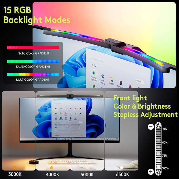 Quntis Curved Monitor Light Bar 15 RGB Backlight for 34"+ Screens, Computer Bar Lights Foldable Dual Light with Color Temperature Brightness Stepless Dimming, No Glare Desk Lamp for Home Office Gaming - Image 8