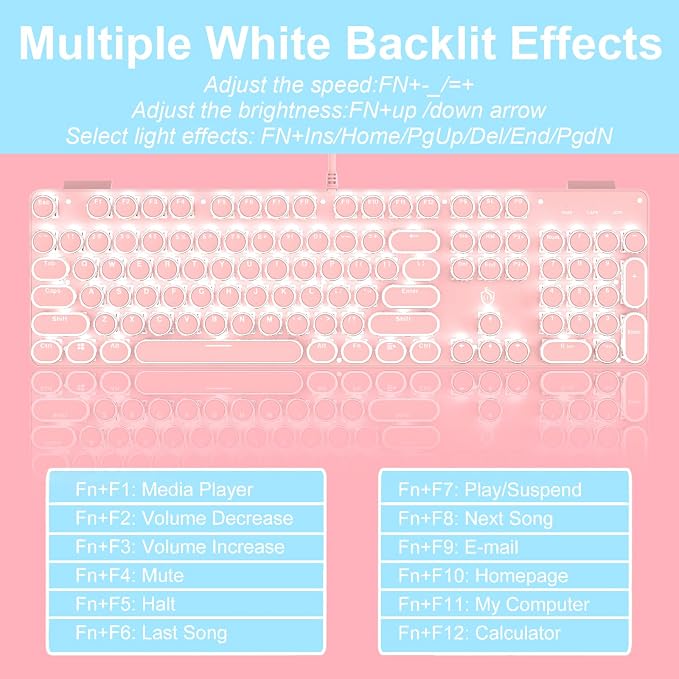 YSCP Typewriter Style Mechanical Gaming Keyboard White Backlit Wired with Blue Switch Retro Round Keycap 104 Keys Keyboard (Pink) - Image 4