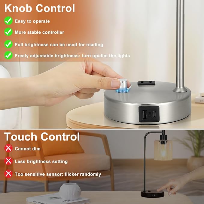 Industrial Table Lamps for Bedrooms Set of 2 - Fully Dimmable Bedside Lamps with USB A and C Ports and Outlet, Nickel Nightstand Lamps with Glass Shade for Living Room, Desk Lamps for Office Reading - Image 4