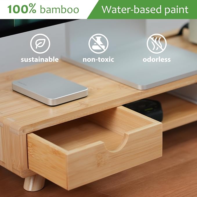 Bamboo Monitor Stand Riser with Drawer, Ergonomic Computer Riser for Desk with Cable Management & Storage Organizer, Wood Monitor Stand for Home Office - Image 2
