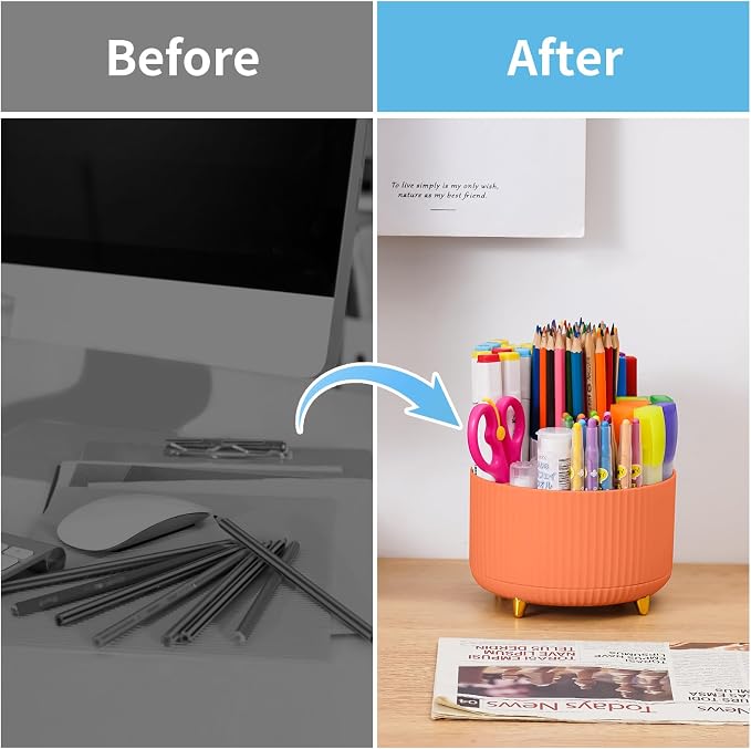 Marbrasse Desk Organizer, 360-Degree Rotating Pen Holder, Desk Organizers and Accessories with 5 Compartments Pencil Holder, Art Supply Storage Box Caddy for Office, Home（Orange） - Image 7