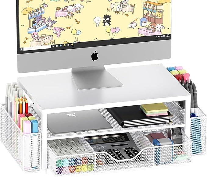 OPNICE Desk Organizers and Accessories, 2-Tier Computer Monitor Stand Riser with Drawer and 2 Pen Holders, Laptop Stand, Office Desk Accessories for Office Supplies, White by OPNICE